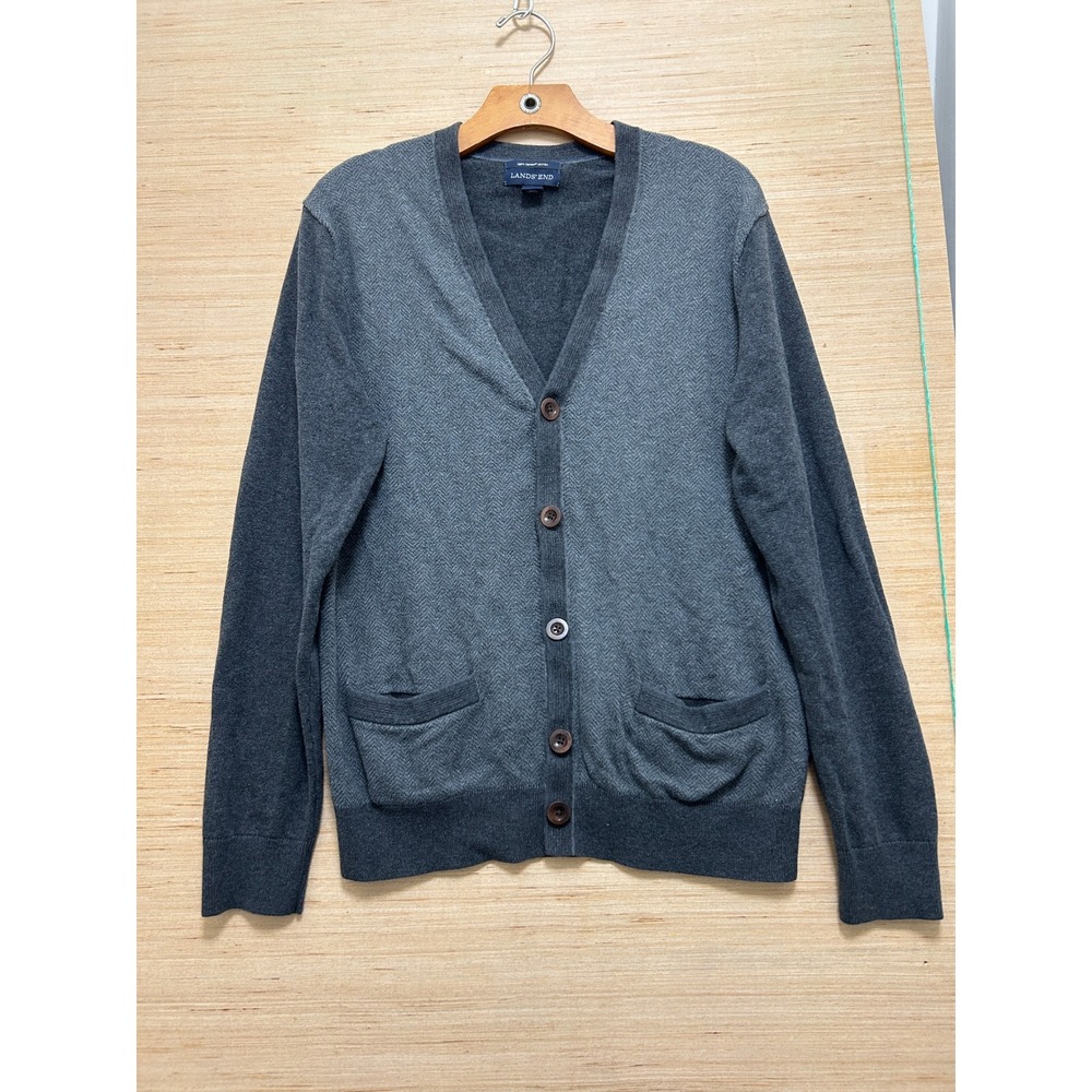 Lands End Mens Cardigan Sweater Grey Supima Cotton Herringbone V-Neck Large